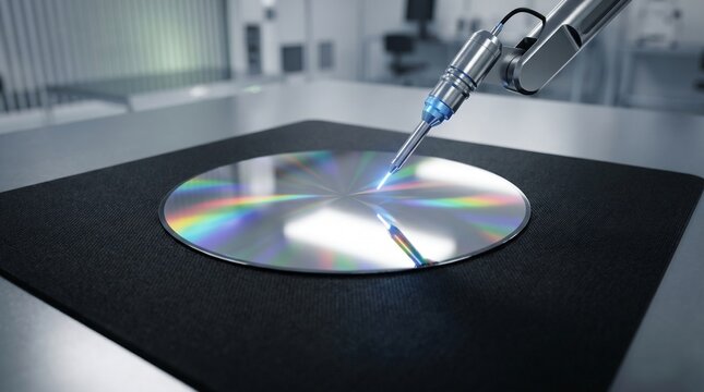 Automated laser scanning a shiny silicon wafer in a modern technological lab setting.