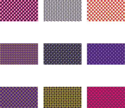 Collection of seamless geometric patterns in purple and pink tones