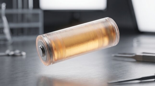 Transparent cylindrical battery cell glowing with golden energy on industrial metal desk.