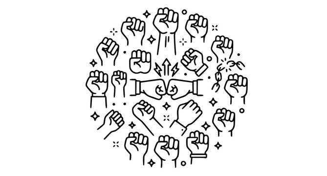 Clenched fist line icon set arranged in a circle featuring fist bumps broken chains and protest power symbols