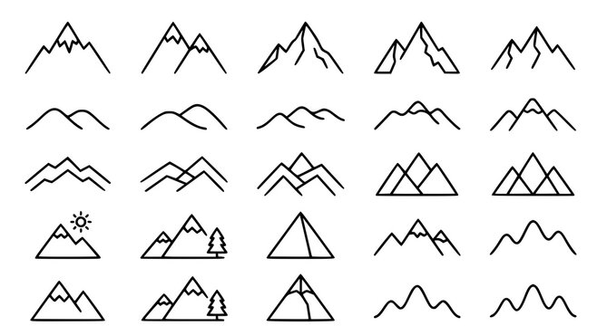 Minimalist mountain line icon set featuring rocky peaks geometric hills pine trees and nature landscape outline elements