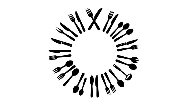 Restaurant cutlery clock silhouette concept featuring forks knives and spoons arranged in a circular dial frame isolated