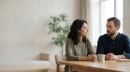 Obraz premium Couple having a serious conversation at home. Man and woman discussing relationship issues and finding a resolution. Domestic life concept