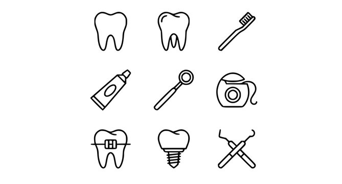 Dental care line icon set featuring tooth implant braces toothbrush toothpaste dental floss and medical clinic instruments