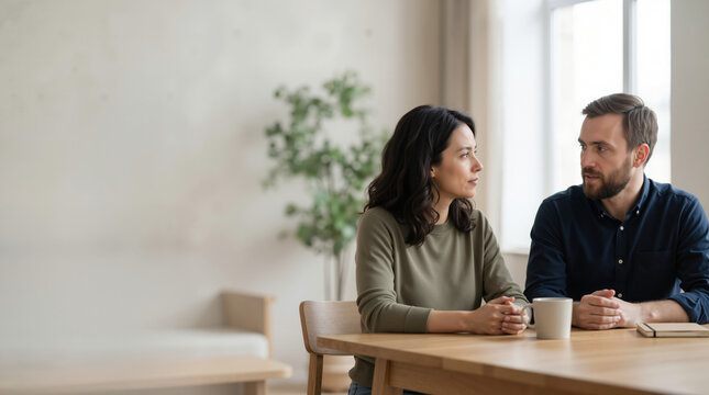 Couple having a serious conversation at home. Man and woman discussing relationship issues and finding a resolution. Domestic life concept