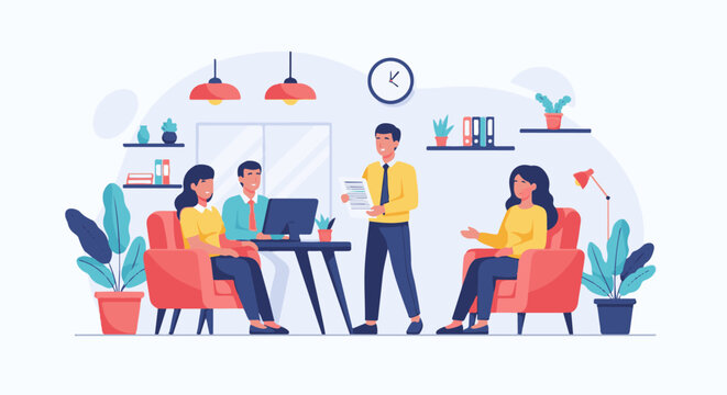 Flat design illustration of people in an office setting, discussing work and collaborating on projects