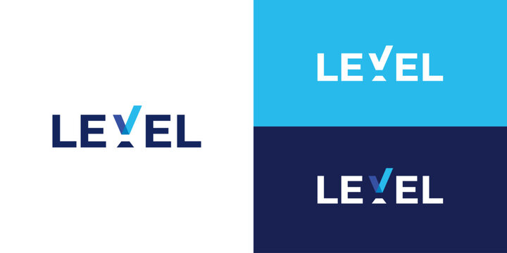Creative word level logo template. Level words with tick checkmark symbol in letter V level up logo design vector illustration.