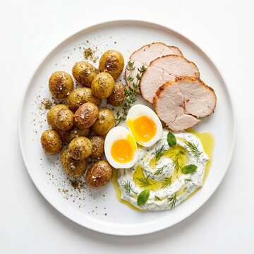 Breakfast Plate with Za Atar Roasted Potatoes Turkey Slices Soft Eggs Herb Yogurt Drizzle Healthy