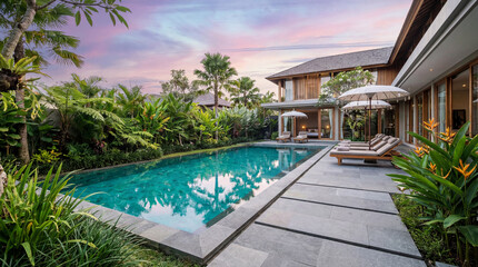 Fototapeta premium Private villa pool with turquoise water reflecting serene skies surrounded by lush tropical garden landscape