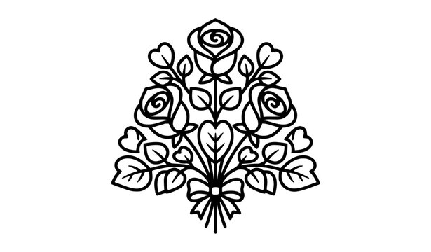 ose, bouquet, flowers, petals, leaves, hearts, stem, ribbon, bow, tied, plant, botanical, floral, Black and white vector illustration of rose bouquet with heart‑shaped leaves and ribbon bow decoration