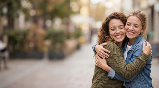 Two young women hugging on a city street. Happy sisters reuniting outdoors. Friendship and connection concept