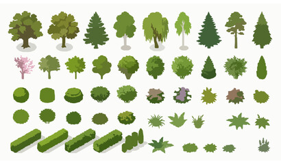 Stylized vector illustration of diverse trees, shrubs, and bushes arranged in rows for garden and landscape design © Kulsum