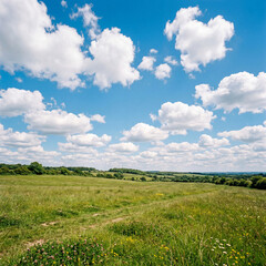 Fototapeta premium A clear blue sky with fluffy white clouds over a peaceful field of green grass