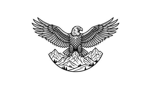 Majestic bald eagle with open wings soaring over a scenic mountain range badge illustration isolated on whitev