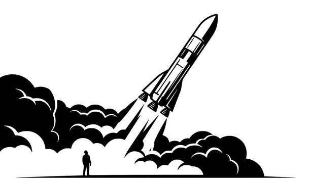 Stylized black and white vector illustration of rocket launching with exhaust plumes and human figure for scale
