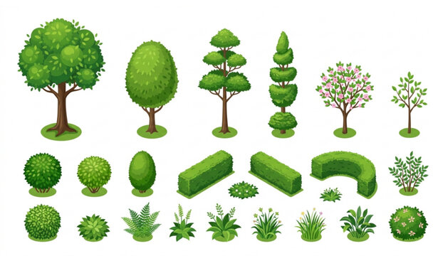 Stylized green vector illustration of diverse plants, shrubs, and trees with varied shapes for landscape and garden design