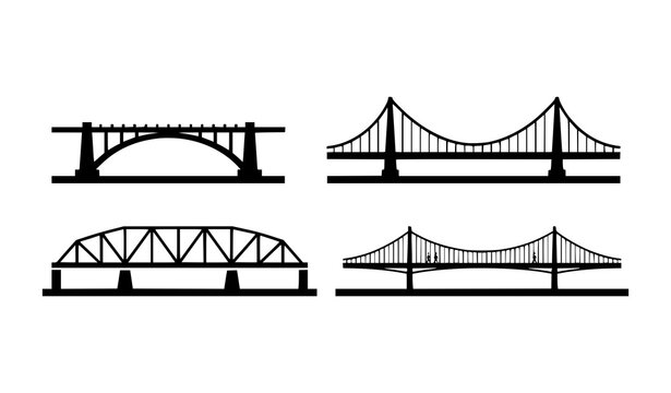 Black silhouette vector illustration of four bridge types including arch, suspension, truss, and cable‑stayed structures