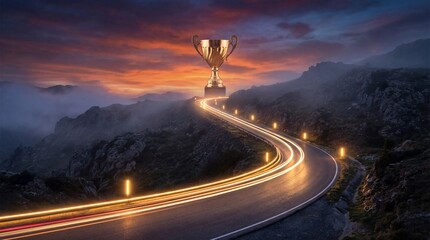Fototapeta premium Golden Trophy at the End of an Illuminated Upward Road Symbolizing Victory and Progress Success