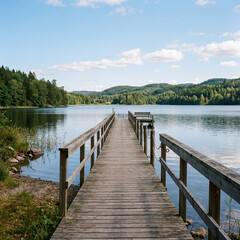 Obraz premium Wooden pier stretching into a calm summer lake with serene water reflection peaceful scene