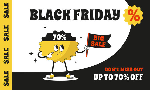 Black friday retro poster. Seasonal discount banner with funny groovy label. Cute character hold flag. Advertising, sale season, time limit deals, neoteric vector flyer