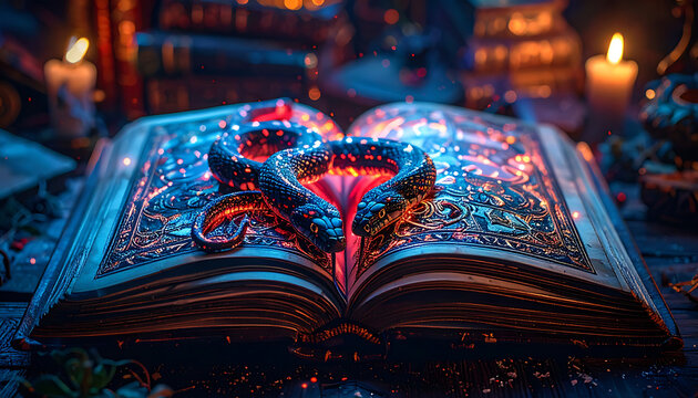 Ancient spellbook glowing with magical energy, arcane symbols and swirling particles, mystical fantasy concept, dramatic lighting, enchanted atmosphere