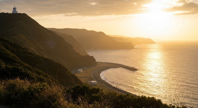 Golden Hour Over the Coastal Cliffs of Char mouth, Dorset, England.