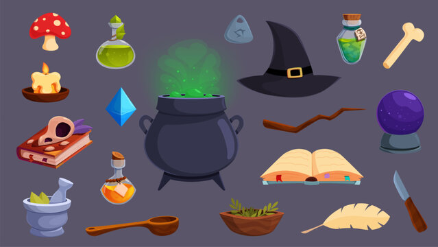 Cartoon witchcraft elements. Halloween magical gaming objects. Witch cauldron, poison bottle, wizard book, wand. Alchemy, fantasy sapid vector set