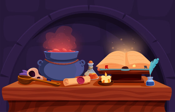 Cartoon alchemist table. Witch cauldron with boiling potion, ancient wizard book of spells. Alchemy, fantasy tale concept, halloween sapid vector background