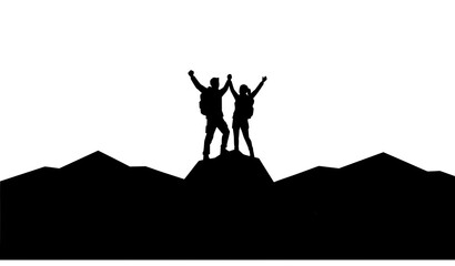 Silhouette of Two Hikers Celebrating on Mountain Summit with Raised Hands, Adventure, and Success Concept © Kulsum