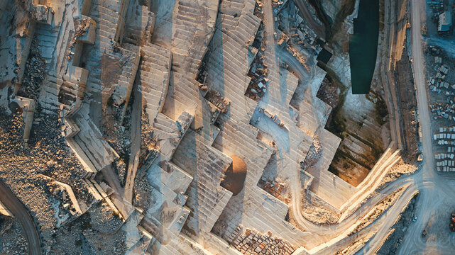 Aerial view of the Jadrankamen stone quarry with its terraced white limestone walls and geometric patterns under warm sunlight in Pucisca, Splitsko-dalmatinska, Croatia.