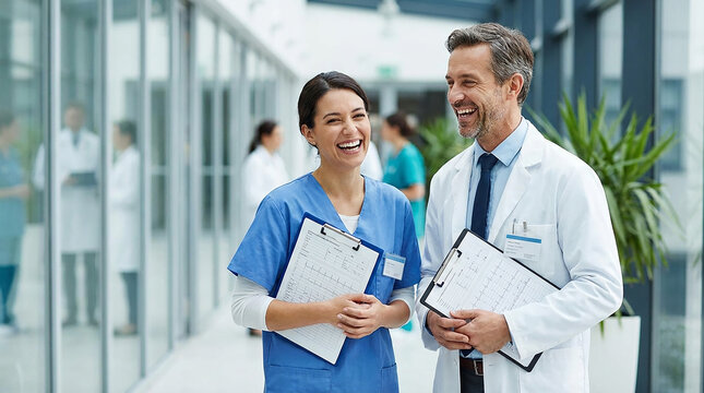 Two happy doctors are standing in a modern hospital corridor, holding medical charts and smiling