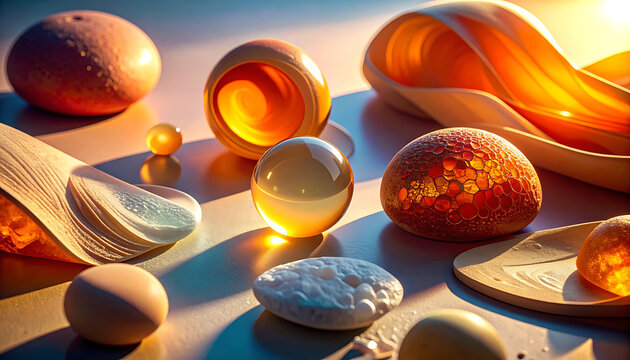 Arrangement of assorted objects with varied textures and warm golden light, smooth spheres, textured granules, and soft folds, evoking a sense of tactile exploration and gentle illumination