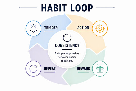 It illustrates the habit loop, a cycle of trigger, action, consistency, and reward to promote behavior repetition. It&rsquo;s set against a neutral background with a gradient color scheme.