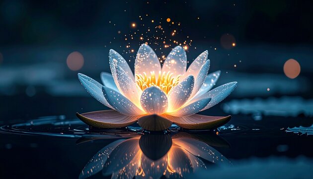 静かな暗い水面に浮かぶ光り輝く半透明のロータスの花が魔法のような光を放つ