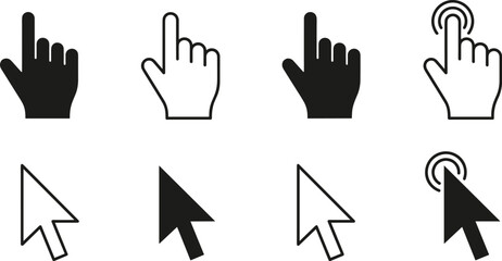 Obraz premium Hand cursor and mouse pointer icons set click touch gestures outline and solid symbols isolated on white