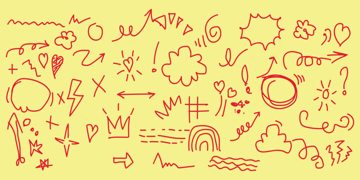 Red doodle icons and symbols on yellow background