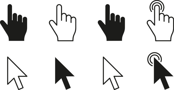 Hand cursor and mouse pointer icons set click touch gestures outline and solid symbols isolated on white