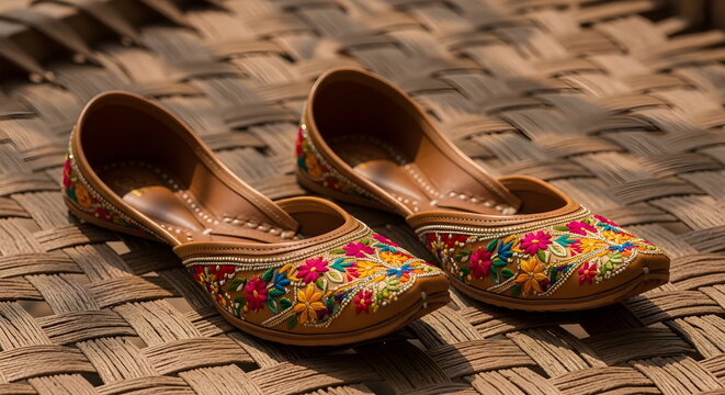 Traditional Indian Punjabi Jutti women's shoes with colorful floral embroidery resting on a woven bed