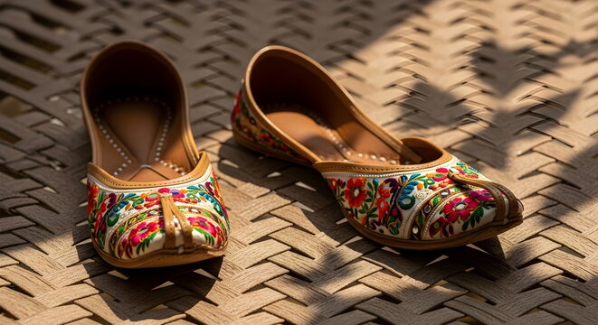 Beautiful handcrafted ethnic footwear with bright floral thread work on a rustic wooden charpoy