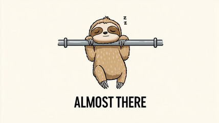 Fototapeta premium Cute Sloth Hanging from Pull Up Bar Sleeping Funny Gym Illustration Almost There Text