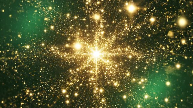 Golden sparkles explosion on green background symbolizing conceptual art and dynamic energy