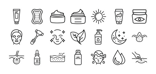 Fototapeta premium Skincare line icons set, 21 beauty product vector elements, facial care and dermatology symbols, cosmetic routine and spa treatment outline graphics