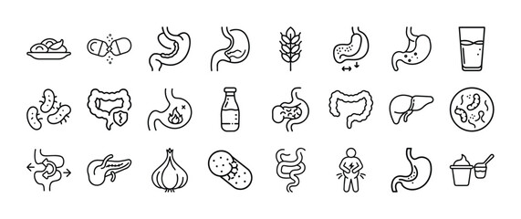 Obraz premium Digestion and probiotics line icon set, 24 vector elements for gut health, stomach and intestinal tract anatomy symbols, healthy digestive system icons