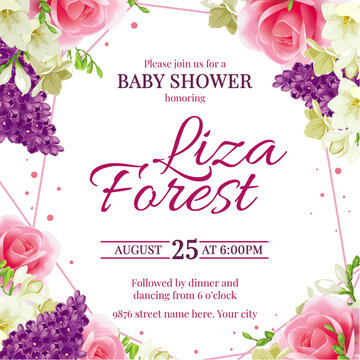Elegant floral baby shower invitation with script font for Liza Forest August 25