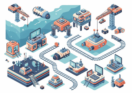 Isometric futuristic industrial complex with cranes, vehicles, and buildings, set against a blue background.