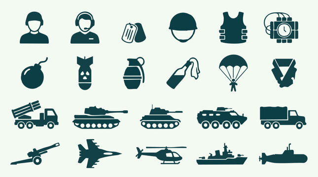 Military and Warfare Vector Icons Set with Army, Weapons, and Vehicles