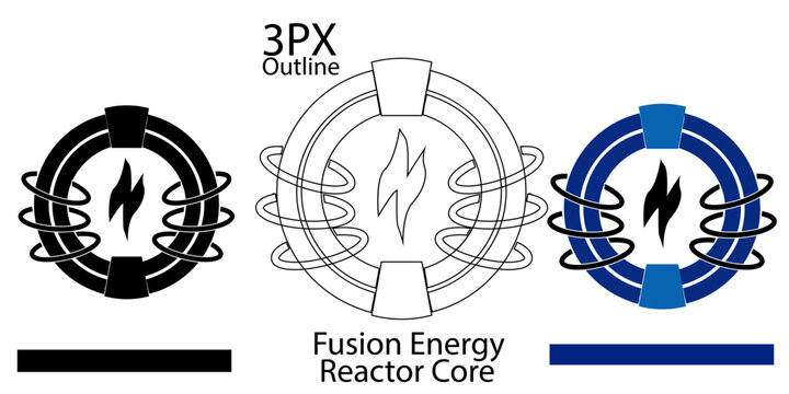 Fusion Energy Reactor Core Vector Icon Set - Featuring Solid Black, 3PX Outline, and Blue Flat Styles for Sustainable Tech and Futuristic Energy Design.