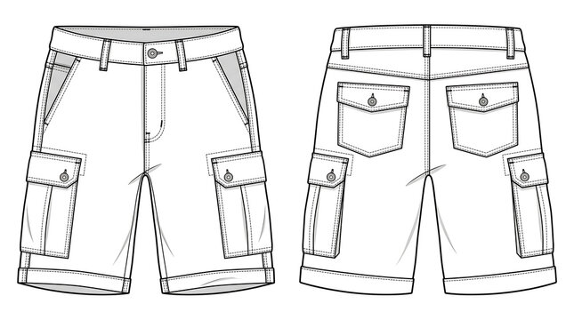  Technical Flat Fashion Illustration of Men&rsquo;s Cargo Shorts with Multiple Utility Pockets &ndash; Front and Back Orthographic Views with Belt Loop and Hem Details