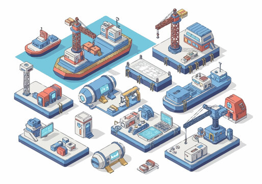 Isometric illustration of industrial port and factory elements with cranes, ships, and buildings.