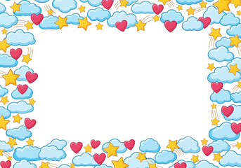 Obraz premium Cute cartoon border with clouds, stars, and hearts for various designs
